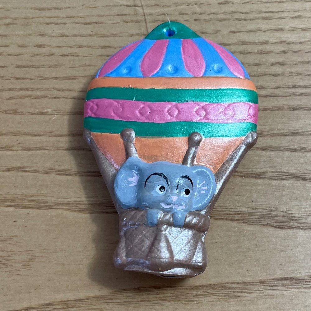 Vintage Ceramic Mouse Christmas Ornament Mouse in Hot Air Balloon Handmade 1980s
